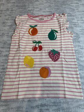 NWOT Mini Boden Pink Stripe Fruit Applique Tee 11-12Y